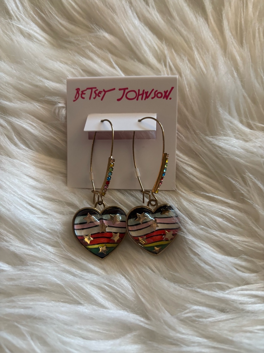 Betsey Johnson Gold Heart Rainbow Stripe Dangle Earrings